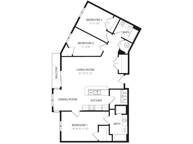 Floor plan for 3 beds, 2 baths, 1185 sqft